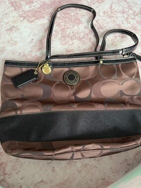 Coach Brown Signature Canvas Tote with Black Trim and Gold Hardware